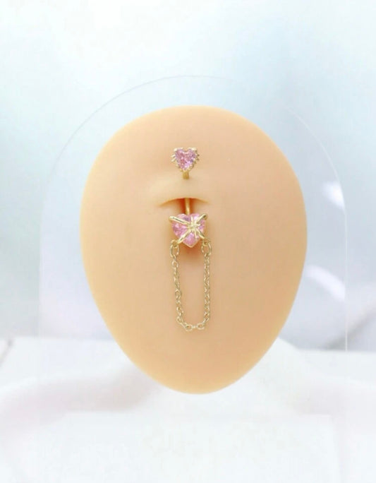 Gold Pink Heart Belly Ring