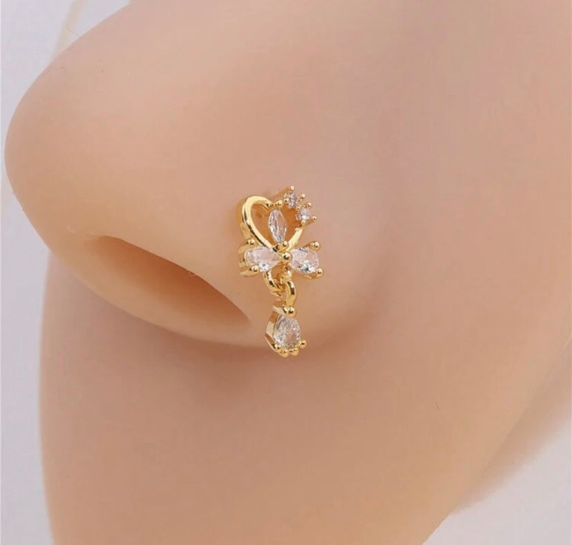 Gold Dangle Heart Nose Stud