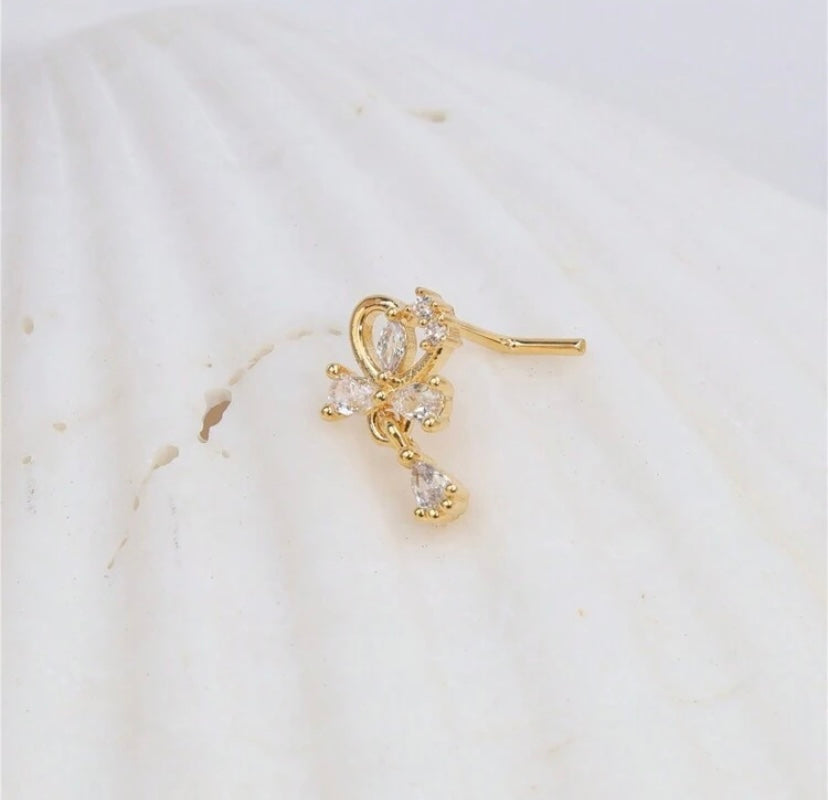 Gold Dangle Heart Nose Stud