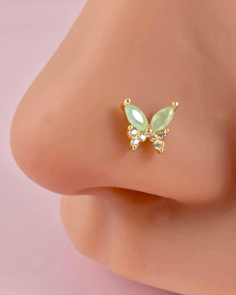 Gold green butterfly nose stud