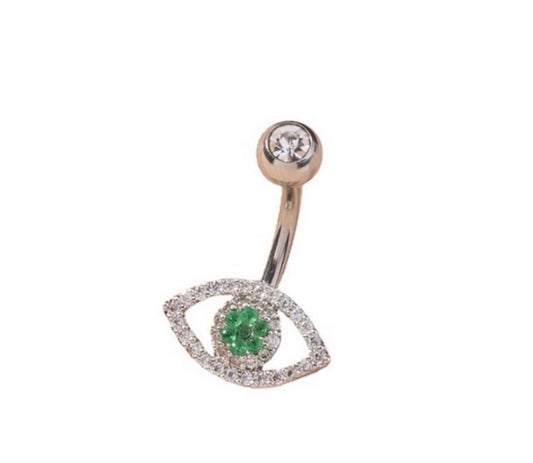 Silver green eye belly ring