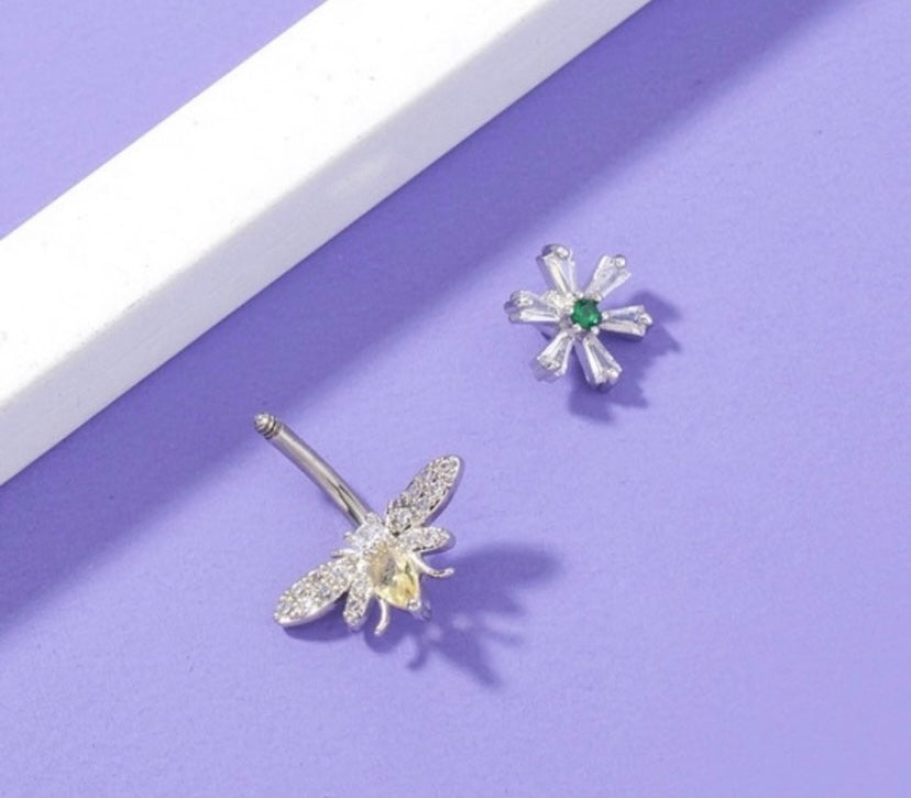 Silver rhinestone bee belly ring