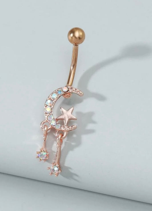 Rose gold iridescent moon/star belly ring