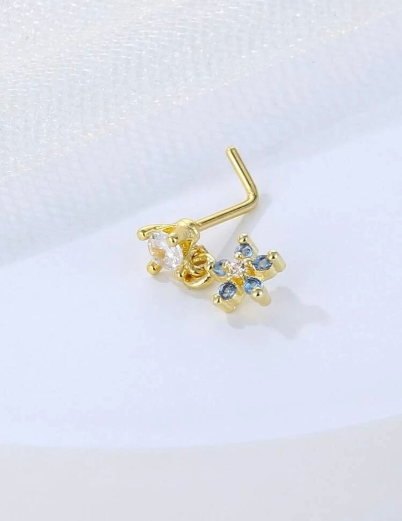 Gold & Blue flower nose stud