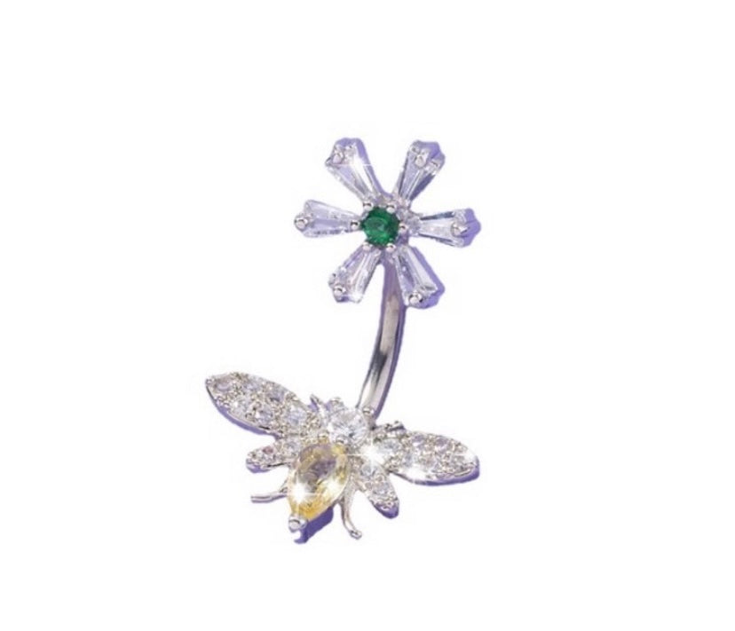 Silver rhinestone bee belly ring