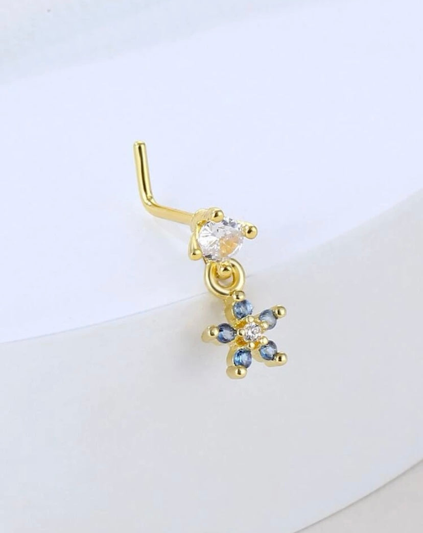 Gold & Blue flower nose stud