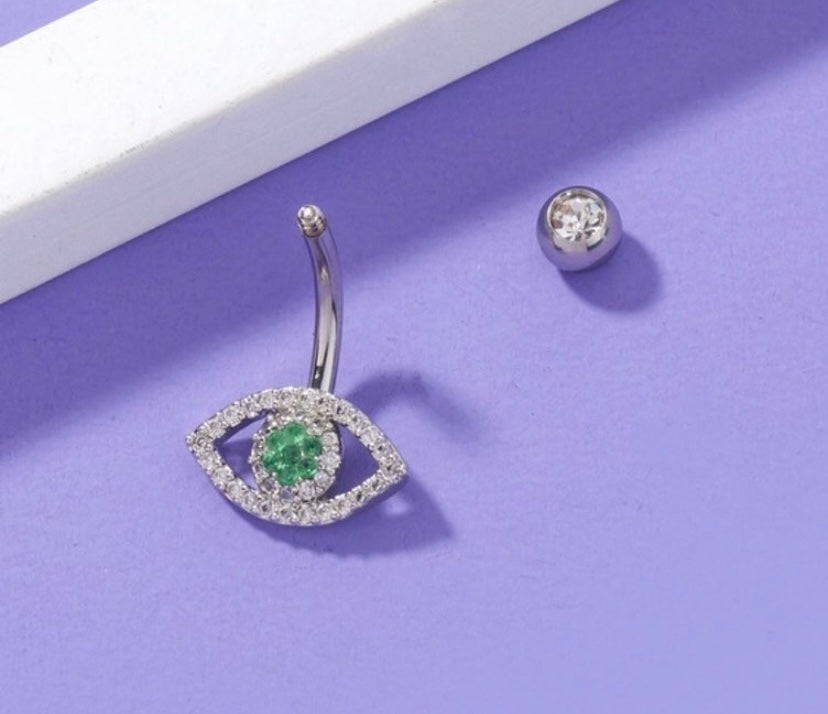 Silver green eye belly ring