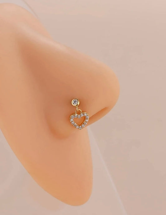 Gold rhinestone heart charm nose stud