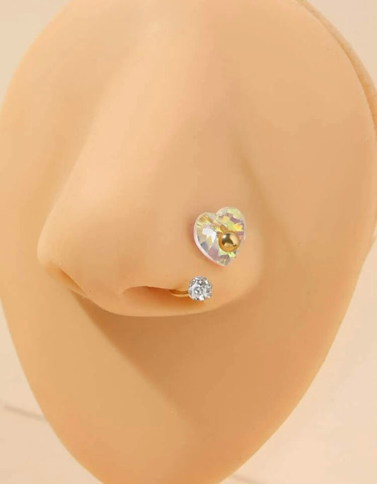 Rhinestone iridescent heart nose hoop