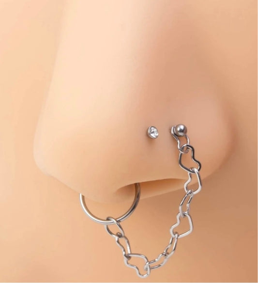 2 Silver chain-linked septum cuff nose stud set