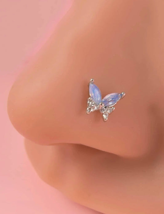 Silver baby blue butterfly nose stud