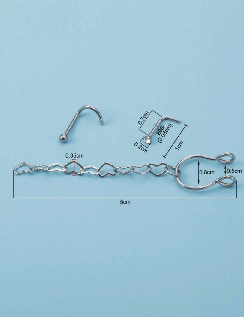 2 Silver chain-linked septum cuff nose stud set