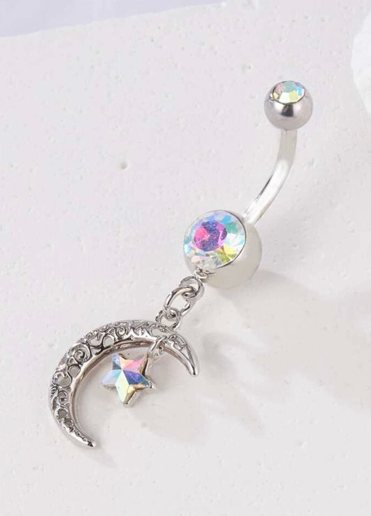 Silver iridescent moon/star belly ring