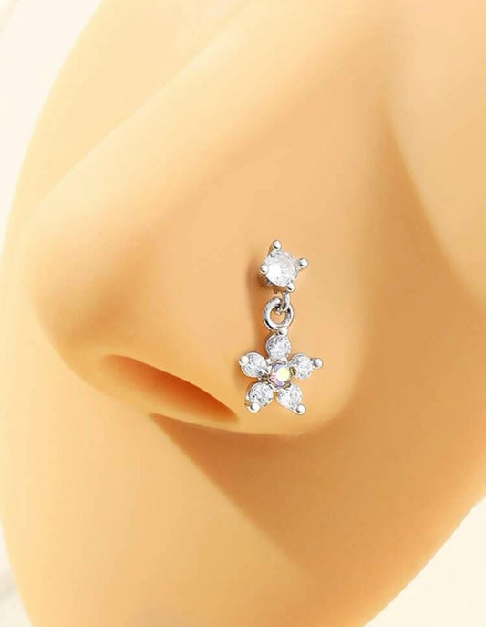 Silver flower rhinestone nose stud