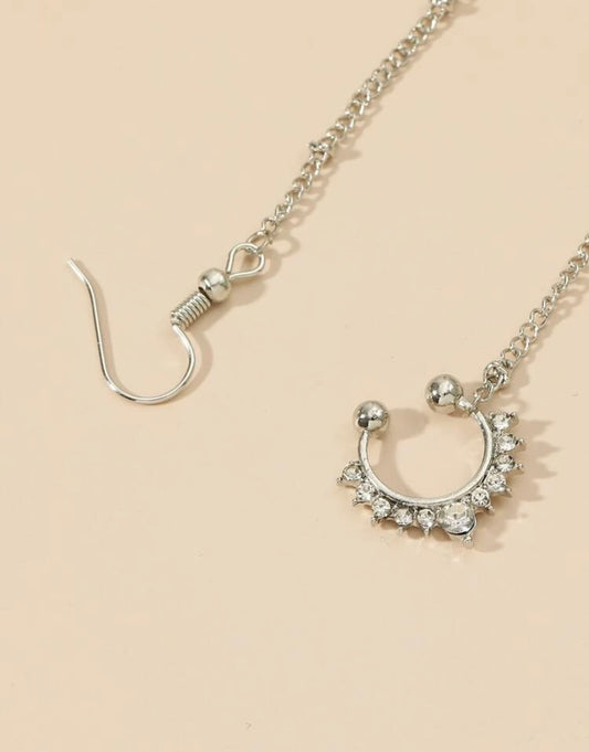 Silver rhinestone chain-linked septum cuff/earring